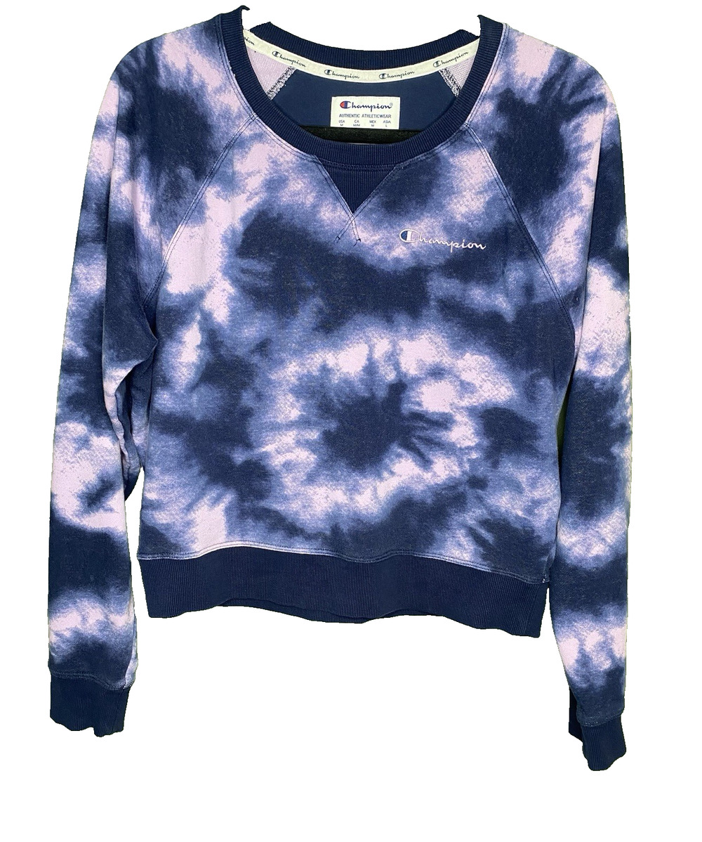 Champion Sweatshirt Womens Size M Blue Purple Tie Dye Cropped Crewneck Pullover